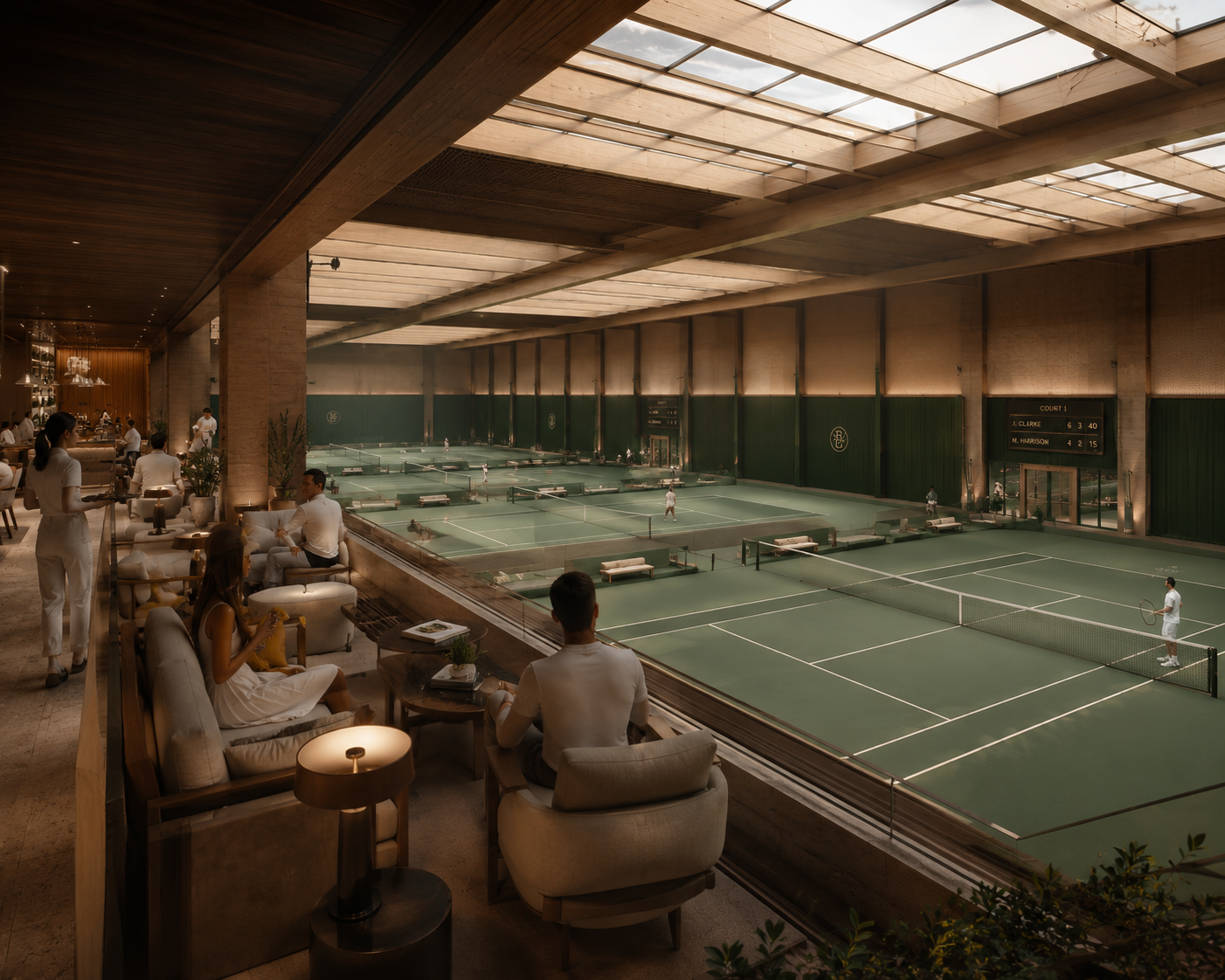 The Baseline Tennis Club — members' lounge overlooking the courts